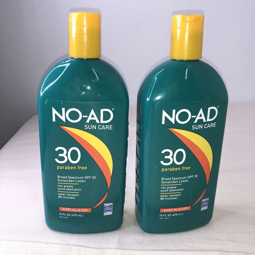 (2) NO-AD 16Oz Sunscreen Broad Spectrum SPF 30 Paraben Free NOS Exp 11/2019